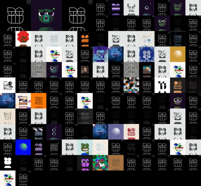 A dense grid collage composed of numerous small square thumbnails, featuring a mix of black-and-white geometric line art, dark faces, and various digital and classical art references.