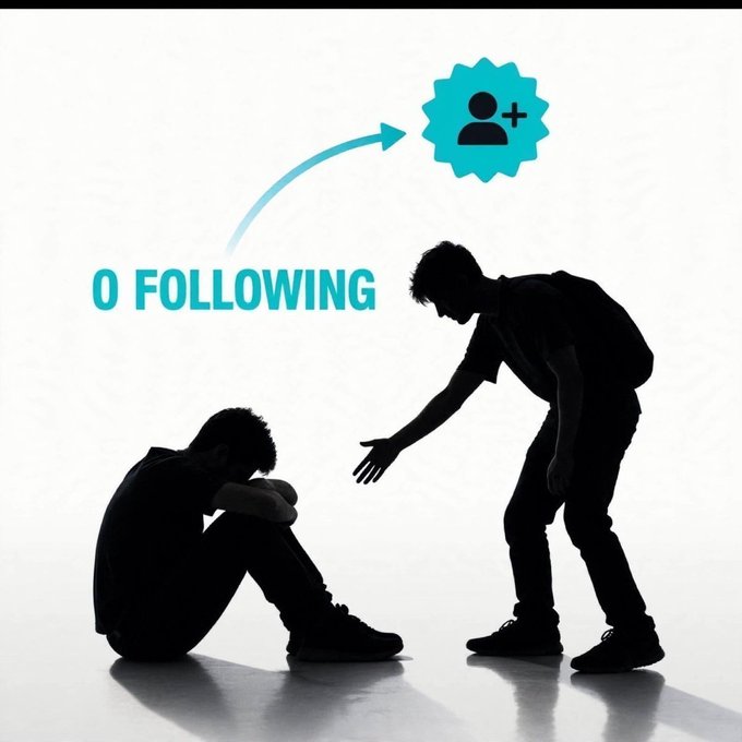 A silhouette image shows one person sitting with head down while another extends a hand to help them up, with "0 FOLLOWING" text and an arrow pointing to an "add friend" icon above. The visual illustrates the post's message of offering help to grow a page from zero followers by boosting those who leave a comment.