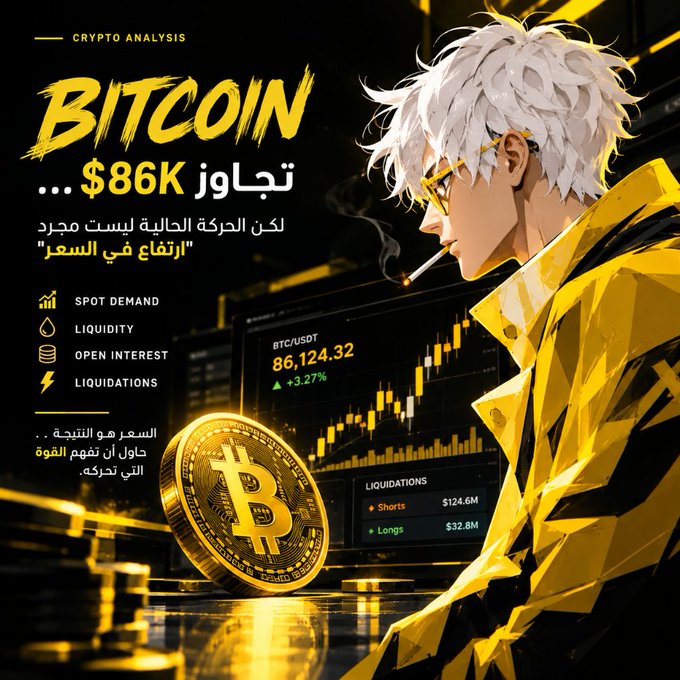 An anime-style crypto analysis graphic features a white-haired character in a yellow jacket alongside a Bitcoin chart showing BTC/USDT at $86,124.32 (+3.27%), with $124.6M in short liquidations versus $32.8M in longs, reinforcing the post's point that Bitcoin's surge past $86K was driven by short liquidations rather than organic price momentum.