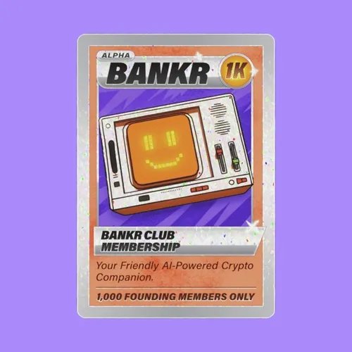 Promotional card for 'BANKR 1K' featuring a retro TV character with a smiling screen face, advertising 'BANKR CLUB MEMBERSHIP' limited to 1,000 founding members.