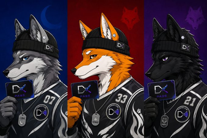 Three anthropomorphic wolves in beanies and jerseys (numbered 07 "Luna," 33 "Zenitsu," and 21 "Omega") hold up "Durx PASS" mint passes against blue, red, and purple backgrounds, visually celebrating the Durx Verse Mint Pass collection highlighted in the post.