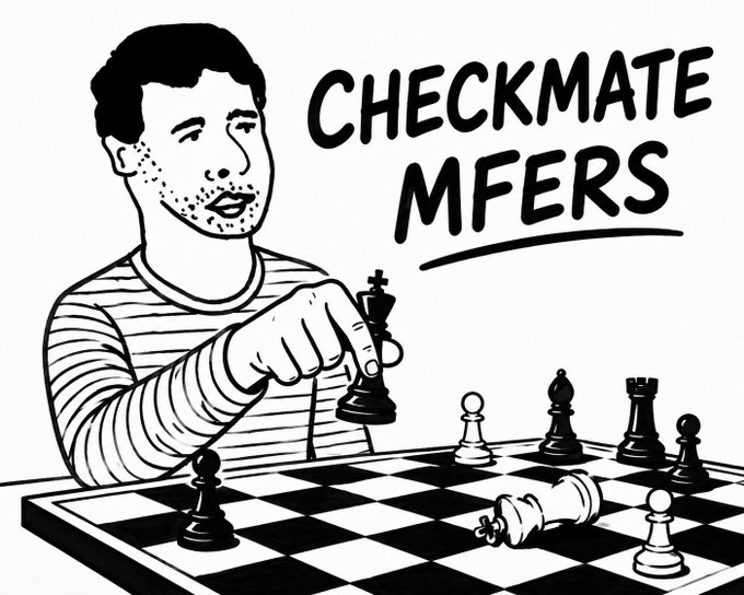 A black and white illustration of a person moving a chess king with the text 'CHECKMATE MFERS' displayed prominently.