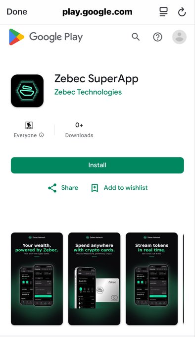 The image shows the Google Play Store page for the "Zebec SuperApp" by Zebec Technologies ($ZBCN), featuring an Install button and screenshots highlighting features like crypto payments, crypto card spending, and real-time token streaming—directly responding to the post's recommendation for Android users to download the Zebec Protocol app.