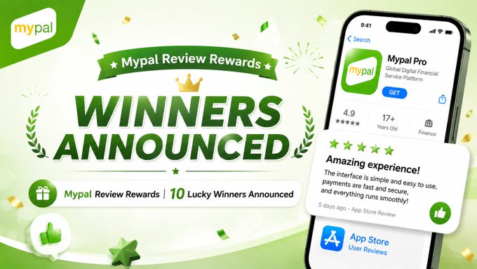 A promotional banner for 'Mypal Review Rewards' announcing 'WINNERS ANNOUNCED' with '10 Lucky Winners,' featuring the Mypal Pro app on the App Store with a 5-star review reading 'Amazing experience!'