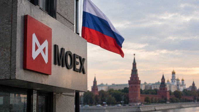 A photograph of the MOEX (Moscow Exchange) logo and signage on a building exterior, with the Russian flag flying and the Kremlin towers visible in the background at sunset.