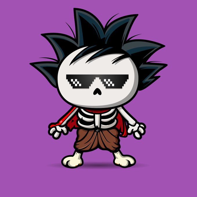 A cartoon illustration depicts a skeleton character with spiky black hair, wearing pixelated sunglasses, a red cape, and brown pants against a purple background.