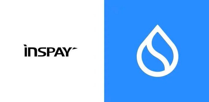 A split screen displays the 'inspay' logo in black text on a white background on the left, and a white water drop/flame-like icon on a blue background on the right.