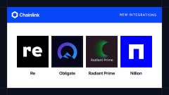 The image displays a section from Chainlink's integrations page, featuring four partner logos: Re, Obligate, Radiant Prime, and Nilson, under the heading "NEW INTEGRATIONS." This relates to the post about $LINK by showcasing the platform's expanding ecosystem of new integrations, reinforcing the bullish sentiment expressed about Chainlink's growing utility and value.
