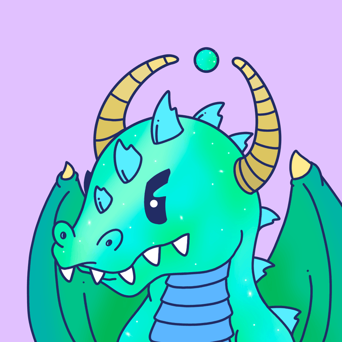 The image features a whimsical illustration of a dragon with vibrant colors, green wings, and yellow horns. The dragon's head is tilted up towards its eyes, giving it an eerie look as if it has a menacing gaze or is staring at something. In front of the dragon, there are two small balls positioned above its head. The background color in this image appears to be purple, which contrasts with the bright colors of the dragon and further emphasizes its presence in the composition.