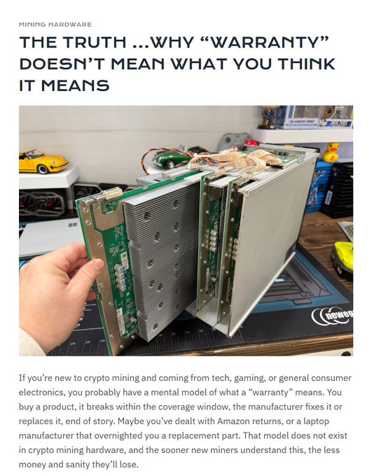 An article titled 'THE TRUTH ...WHY "WARRANTY" DOESN'T MEAN WHAT YOU THINK IT MEANS' about mining hardware, showing a person holding disassembled ASIC miner components.