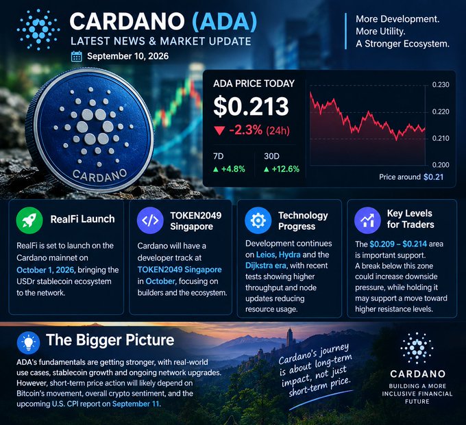 A "CARDANO (ADA)" market update infographic dated September 10, 2026, showing ADA price today at $0.213 (-2.3% 24h), with sections on RealFi Launch, TOKEN2049 Singapore, Technology Progress, and Key Levels for Traders.