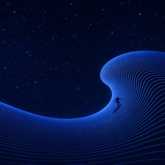 A digital artwork showing a small silhouetted figure walking up a glowing blue wave-like structure set against a dark, starry night sky.