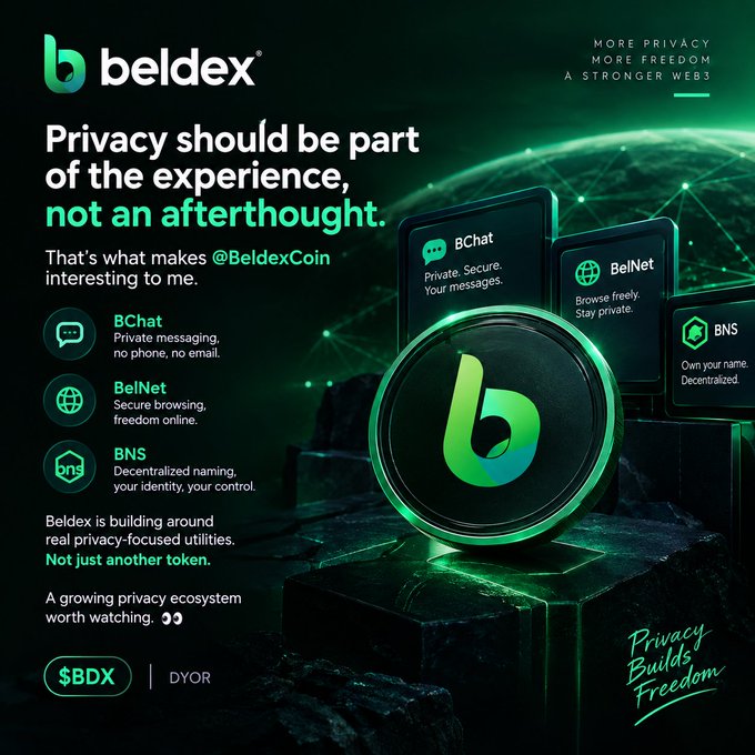 An advertisement for "beldex" cryptocurrency featuring the text "Privacy should be part of the experience, not an afterthought" along with mentions of BChat, BelNet, and BNS, and the ticker "$BDX".