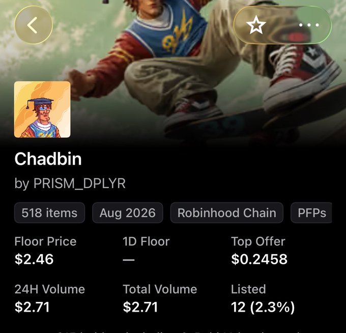 Mobile NFT marketplace listing for the 'Chadbin' collection by PRISM_DPLYR on Robinhood Chain, showing 518 items with a floor price of $2.46, top offer of $0.2458, and 24H/total volume of $2.71.