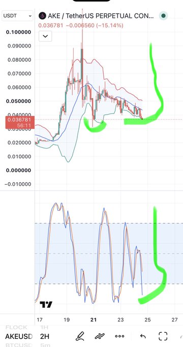 A TradingView AKE/USD price chart showing a -15.14% decline with green markings highlighting a sharp drop and rebound.