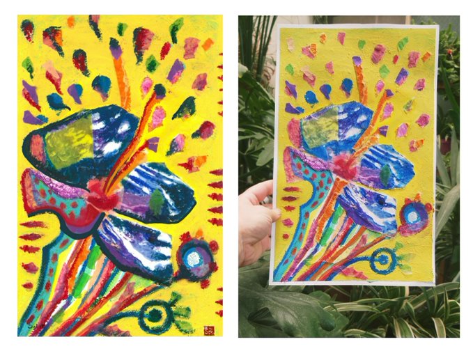 Two images side-by-side of a vibrant yellow painting featuring a colorful abstract flower with a butterfly, shown both on its own and held up outdoors against green foliage.