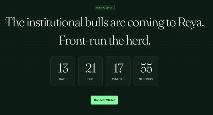 A dark promotional landing page for "REYA v2 (Beta)" with the headline "The institutional bulls are coming to Reya. Front-run the herd." features a countdown timer showing 13 days, 21 hours, 17 minutes, and 55 seconds remaining above a "Connect Wallet" button, aligning with the post's tease of doors opening soon.