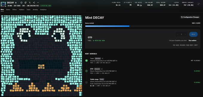 A Magic Eden NFT minting page for "DECAY" displays a pixelated dark creature artwork with minting progress at 960/2,500 and various key schedule rounds listed.