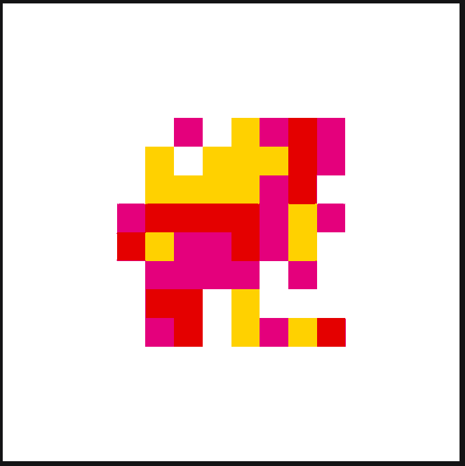 A pixel art design composed of yellow, red, and magenta squares forming a stylized character or logo on a white background.