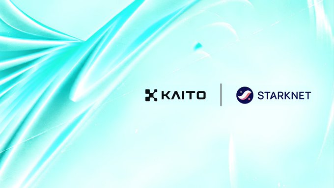 A partnership announcement graphic featuring the Kaito and Starknet logos displayed side by-side against a flowing turquoise and white abstract background. The image's branding aligns with the post's message about expanding the utility of held assets like Bitcoin beyond passive storage, suggesting Kaito and Starknet are introducing new functionality or yield opportunities for dormant holdings.