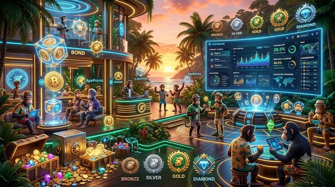 A vibrant digital fantasy scene depicts a crypto/casino-like tropical lounge with gorillas and other characters in Hawaiian attire trading cryptocurrency, surrounded by floating crypto logos, Bronze/Silver/Gold/Diamond tier badges, and screens displaying charts and statistics.
