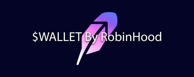 The image displays the "$WALLET By RobinHood" logo with the brand's signature pink-to-purple gradient feather icon against a dark navy background. This branding ties directly into the post about "$WALLET" research, referencing the Robinhood Wallet product.