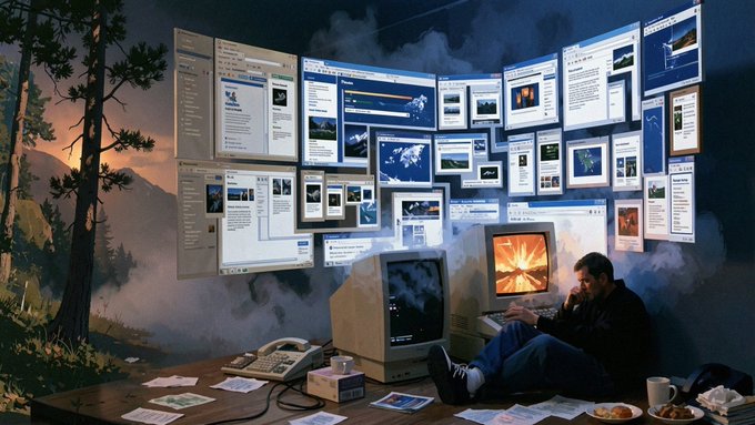 An illustration shows a man sitting on the floor in a dark room overwhelmed by numerous floating browser windows, sitting between a vintage CRT monitor and a modern computer screen.