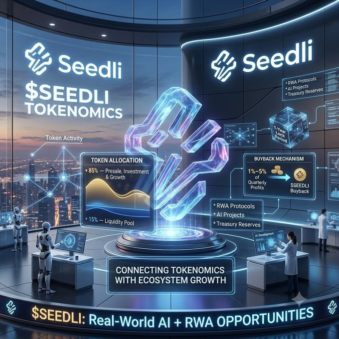 A futuristic dashboard displaying $SEEDLI tokenomics, highlighting token allocation (85% Presale, 15% Liquidity), a 1-5% buyback mechanism, and RWA protocols.