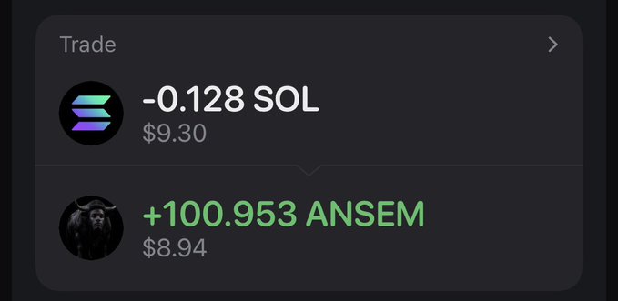 A crypto trade screen showing a swap of -0.128 SOL ($9.30) for +100.953 ANSEM ($8.94).