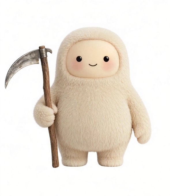 A cute, fluffy white yeti-like plush figure with a smiling face holds a small scythe, fitting the post's theme of a "muse" launching tokens in a clever, meme-worthy way that frames token launches as the grim reaper's harvest.