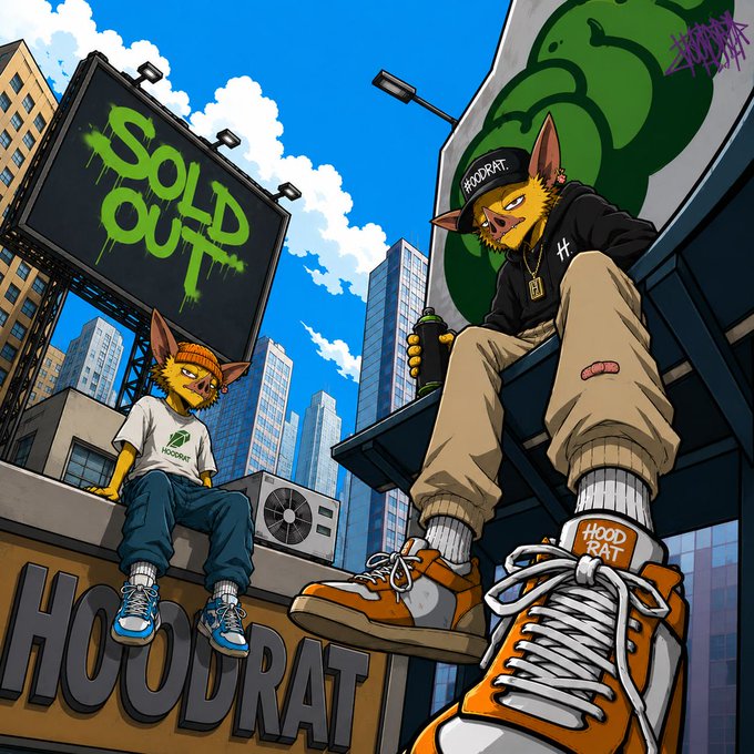 Two anthropomorphic rats styled in streetwear lounge on a rooftop overlooking a cityscape, with a "SOLD OUT" billboard, a "HOODRAT" sign, and graffiti reinforcing the drop's quick sellout status on OpenSea.