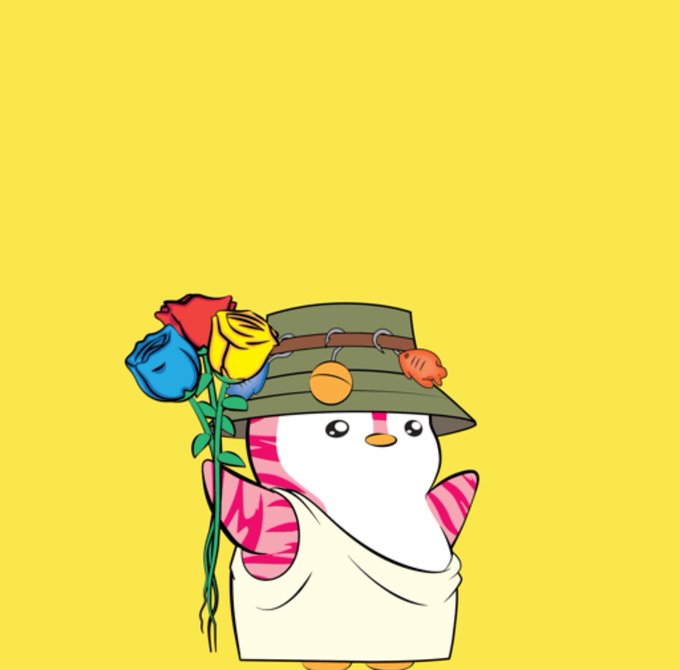 A cute cartoon penguin-like character wearing an olive bucket hat with fish pins and holding a bouquet of red, blue, and yellow roses against a yellow background.