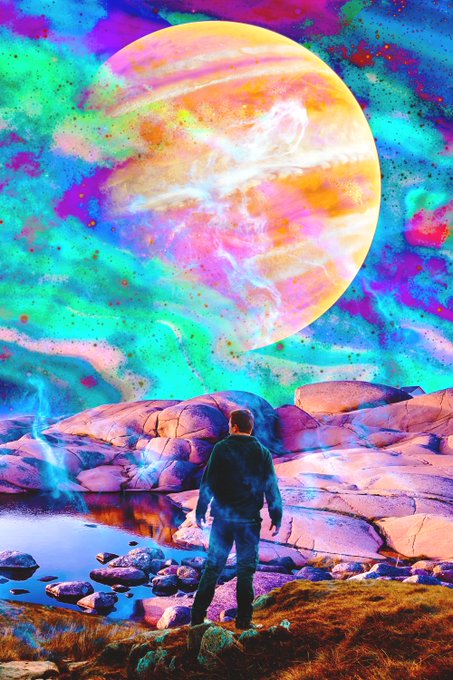 A digitally edited image shows a man standing on a rocky outcrop, gazing at a massive, colorful planet in a psychedelic, neon sky filled with swirling galaxies and stars.