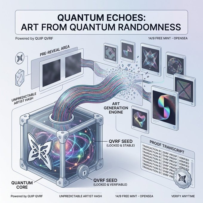 A digital infographic titled 'QUANTUM ECHOES: ART FROM QUANTUM RANDOMNESS' powered by QUIP QVRF, showing a quantum core producing art via an artist hash and QVRF seed, with a free mint on OpenSea on 14/9.