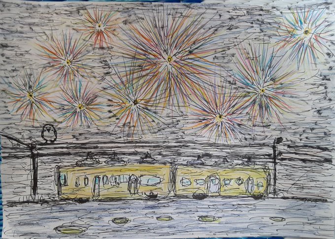 A hand-drawn sketch shows a fireworks display bursting in the night sky above a yellow train traveling on tracks, with the artist's energetic scribbled style capturing both the celebratory fireworks and the heat of summer.

The drawing thematically matches the post about heading out for night shift in the summer heat, with the fireworks adding a celebratory touch and the caption expressing encouragement for XRP/Ripple.