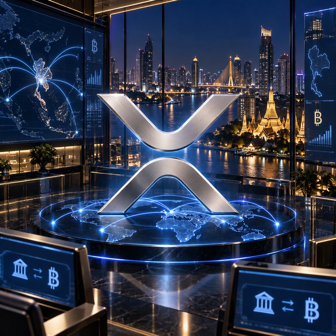 A sleek XRP "X" sculpture sits on a glowing world map platform inside a high-rise lounge overlooking Bangkok's illuminated skyline and the Chao Phraya River, with Binance-themed displays showing Thai baht-to-crypto conversion symbols ($) flanking the scene—visually reinforcing the new direct THB/XRP fiat gateway Binance has launched in Asia.