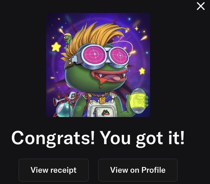 A digital collectible acquisition screen showing 'Congrats! You got it!' featuring a green cartoon frog character with orange hair, pink laser goggles, and a beaker, with buttons to 'View receipt' and 'View on Profile'.