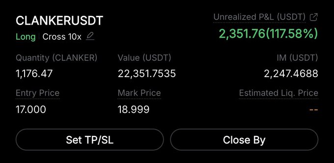 The image shows a screenshot of a smartphone displaying information about an investment opportunity for Clanker cryptocurrency, with details such as price fluctuations and estimated value.