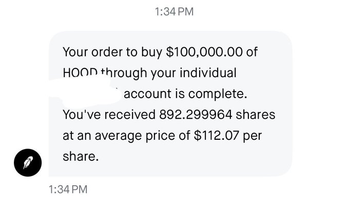 A text message screenshot at 1:34 PM confirming the purchase of $100,000.00 of HOOD stock, receiving 892.299964 shares at $112.07 per share.