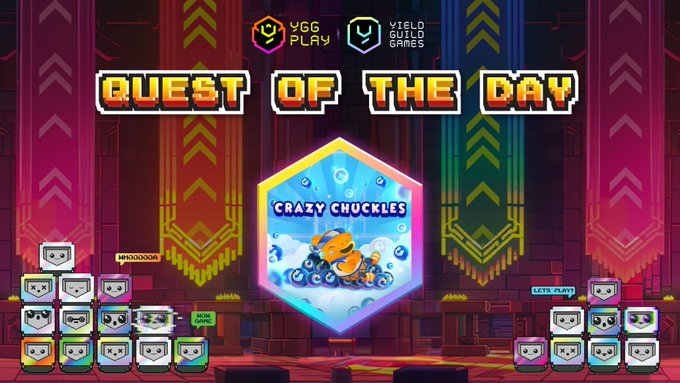 The image features a poster for a video game called "Quest of the Day" that has been sponsored by two companies, Ygg Play and Lolld Game. The poster displays a colorful cartoon scene with a hexagon-shaped logo featuring an orange character surrounded by blue bubbles. The text on the poster reads "Quest of the day powered by @YGG_Play Today: Crazy Chuckles Objective #5005 Premium Rolls Reward Completing quests earns you".