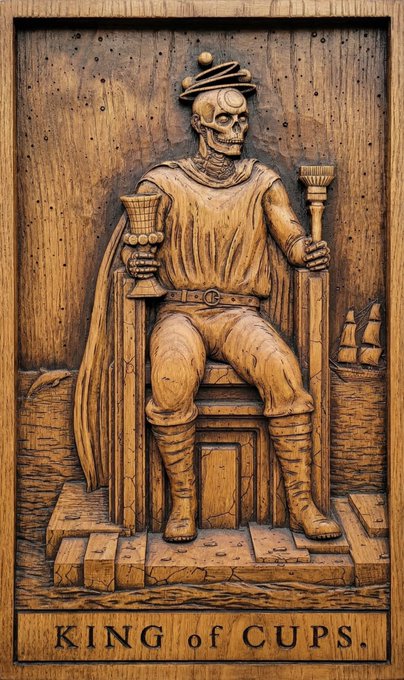 A wooden-carved tarot card depicts a skeletal figure seated on a throne, holding a chalice and scepter, with "KING of CUPS" inscribed at the base. The carving's weathered, monochromatic wood texture fits the "Tarot Cards on eth" theme, evoking the rustic, artistic quality of Ethereum-based NFT collectibles.