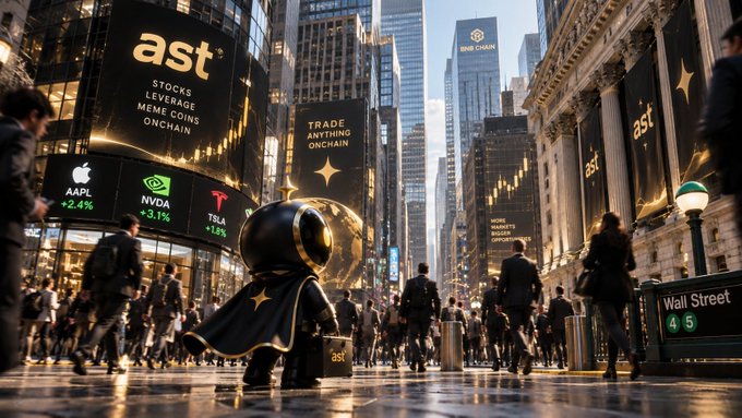 A futuristic, hooded figure draped in a star-spangled cloak stands amid a bustling Wall Street, beneath towering billboards advertising "ast" with offerings including "STOCKS, LEVERAGE, MEME COINS, ONCHAIN" and "TRADE ANYTHING ONCHAIN," alongside tickers AAPL (+2.4%), NVDA (+3.1%), and TSLA (+1.8%)—visualizing how $AST transforms traditional equities into accessible, leveraged onchain markets on BNB Chain.