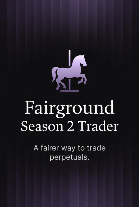 A promotional graphic for 'Fairground Season 2 Trader' featuring a carousel horse logo and the tagline 'A fairer way to trade perpetuals.'