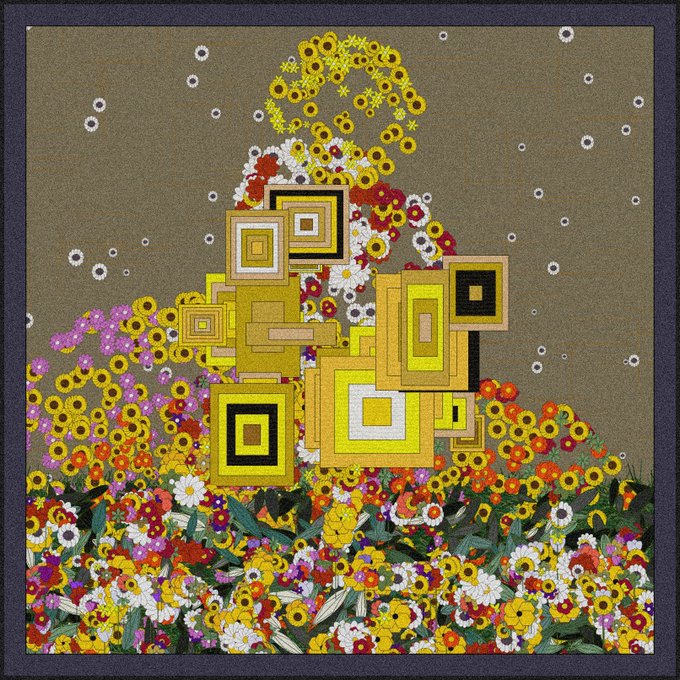 An ornate Klimt-style artwork featuring golden geometric square motifs surrounded by a dense field of colorful flowers, resembling the Sunflower series.