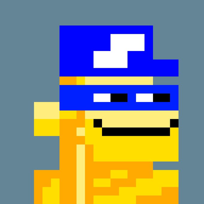 A pixel art character resembling a Minion dressed in an orange prison jumpsuit with a blue mask featuring white markings, set against a gray background.