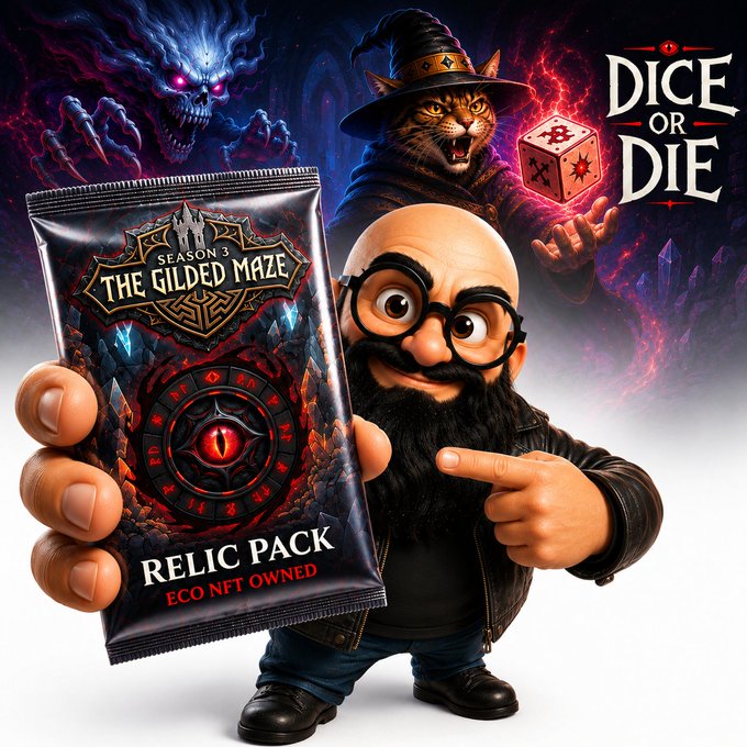 Promotional artwork for 'Dice or Die: Season 3 - The Gilded Maze Relic Pack' featuring a bearded cartoon character holding the pack, alongside a wizard cat and a glowing-eyed skeletal creature.
