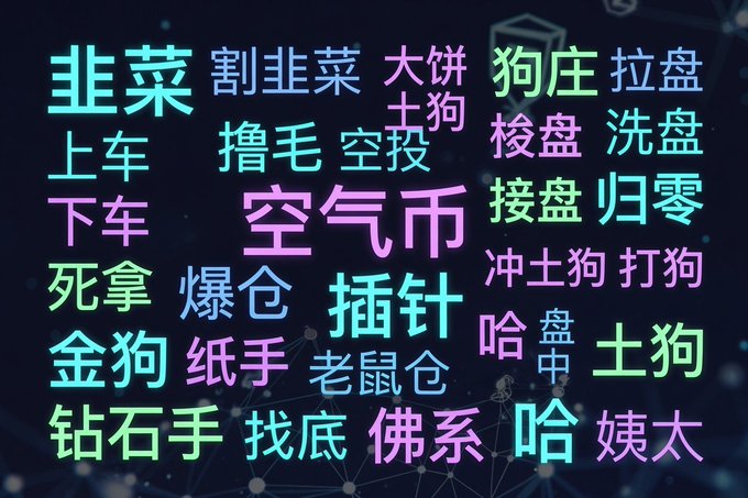 A word cloud displaying Chinese blockchain slang terms, with "空气币" (aircoin/shitcoin) prominently featured alongside other derogatory terms like "韭菜" (leeks/reckless retail investors), "割韭菜" (harvesting leeks/rug pulling), "老鼠仓" (rat trading), and "土狗" (shitcoin). The terms are all rendered in glowing neon colors against a dark background, visually reinforcing the post's observation that Chinese crypto vocabulary skews overwhelmingly negative—with words centered on scamming, dumping, and exploitation—while their Western counterparts often carry more neutral or aspirational framing.