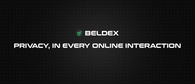 A minimalist dark gray banner displaying the BELDEX logo with its signature green and blue interlocked design, alongside the tagline 'PRIVACY, IN EVERY ONLINE INTERACTION'.