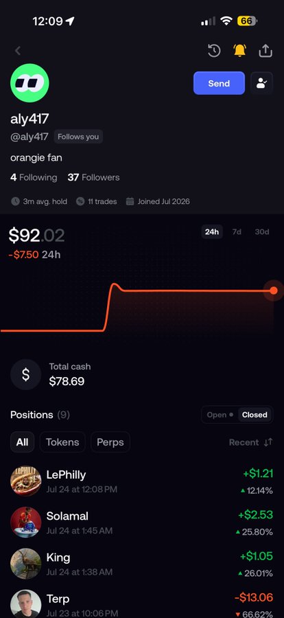 A Robinhood app screenshot showing a profile for 'aly417' (@aly417, 'orangeie fan') with $92.02 total value (-$7.50 24h), $78.69 total cash, and positions including LePhilly (+12.14%), Solamal (+25.80%), King (+26.01%), and Terp (-66.62%).