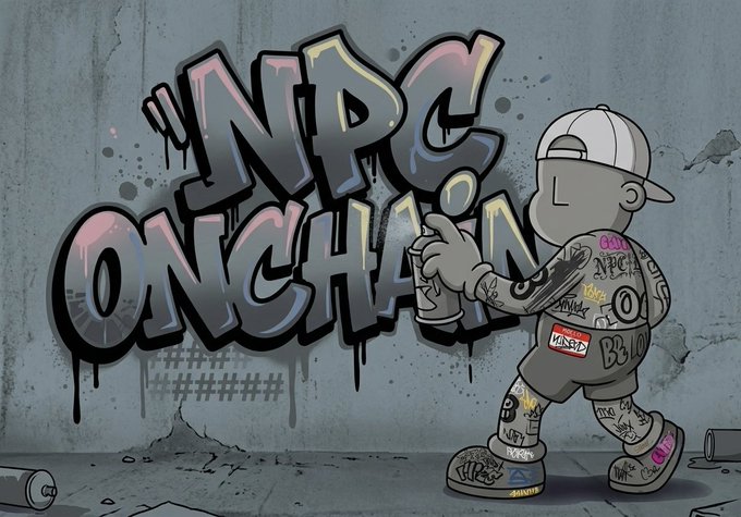 The image shows a cartoon graffiti artist spray-painting "NPC ON CHAIN" in dripping bubble letters on a concrete wall, with the post referencing the @npconchain project and hinting at a "zero" (likely zero-gravitas) NFT drop.